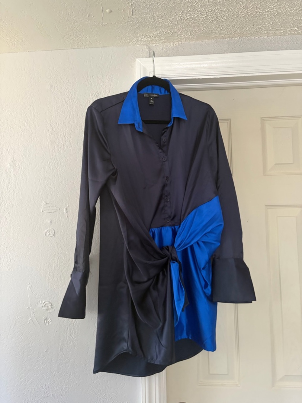 Aqua Black and Royal Blue Twist-Front Long Sleeve Shirt Dress